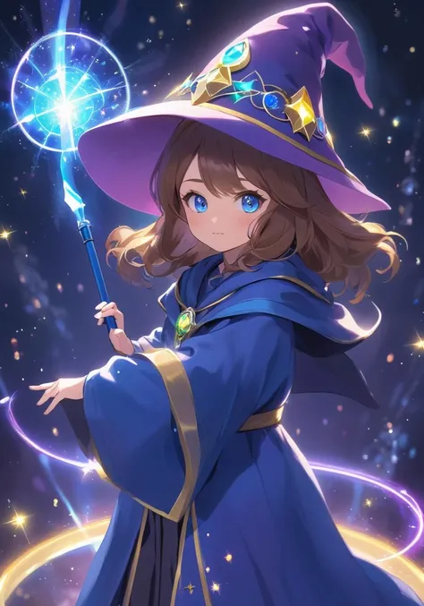 realistic, 1girl, solo, wizard hat, robe, holding staff, on magic circle, sparkles, light particles, crystal, prism, glowing light
,wani wani panic,
speech bubble saying "DeepBlue",