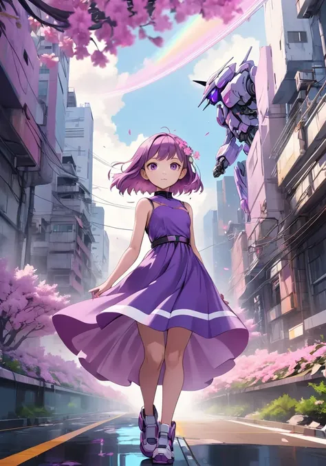 highres,best quality,natural,
a girl wears a purple dress with pink flowers., in the style of sci-fi anime, cityscape, mecha anime, lit kid, rainbowcore, rusty debris, intersecting lines