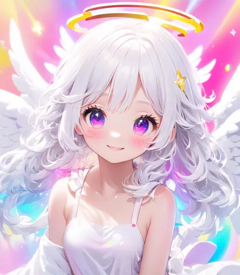 highres,best quality,
1girl, kawaii style, happycore, colorfulcore, kawaiicore, i can't believe how beautiful this is, 32k uhd, white hair, long hair, angel, angel girl, white wings, halo, vivid, vibrant colors, soft light, little girl, smile, upper body