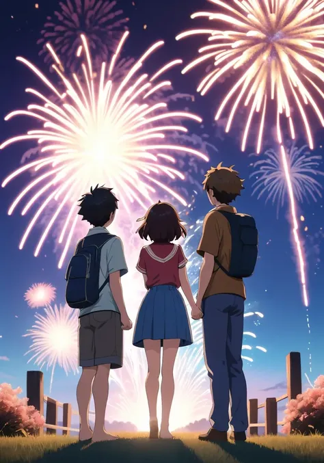highres,best quality,natural,
two young people looking at fireworks with fireworks in the background, in the style of anime aesthetic, rendered in cinema4d, animated gifs, edo period art, sunrays shine upon it, handsome, emphasizes emotion over realism