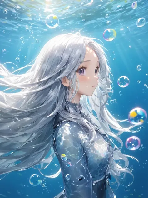 absurdres, highres, ultra detailed,
very long silver hair, bubble, air_bubble, underwater, fish, submerged, solo, water,(Impressionism:1.4),looking afar
