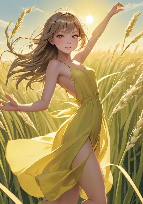 highres,best quality,natural, Lemongrass girl dances amidst a field of golden sunshine, her slender figure swaying gracefully to the rhythm of a gentle breeze.
