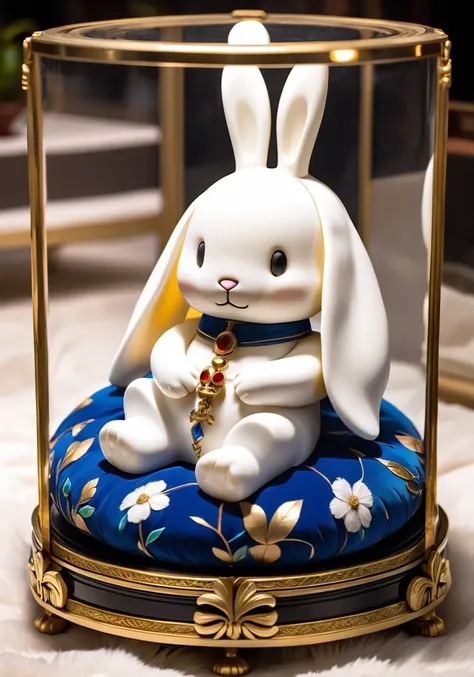 highres,best quality,natural, A photo of a mummified Miffy, the iconic white bunny character, lying peacefully on a velvet cushion inside an intricately decorated glass display case, with its fur preserved in a pristine condition, its eyes closed peacefully, and its little paws gently crossed over each other, evoking a sense of tranquility and reverence.,cinematic photo official art, 8k wallpaper,ultra detailed, aesthetic quality,photorealistic,entangle,dynamic angle,the most beautiful form of chaos,elegant,a brutalist designed,vivid colours,romanticism,atmospheric . 35mm photograph, film, bokeh, professional, 4k, highly detailed, skin detail realistic, ultra realistic,Perspective