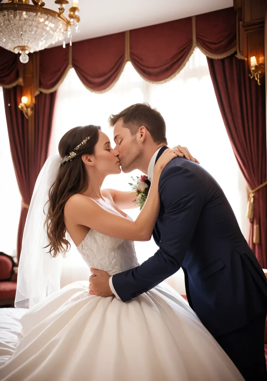 highres,best quality,
A photo of a newlywed couple hugging each other on the bed in a luxurious royal suite, looking into each other's eyes and kissing tenderly.