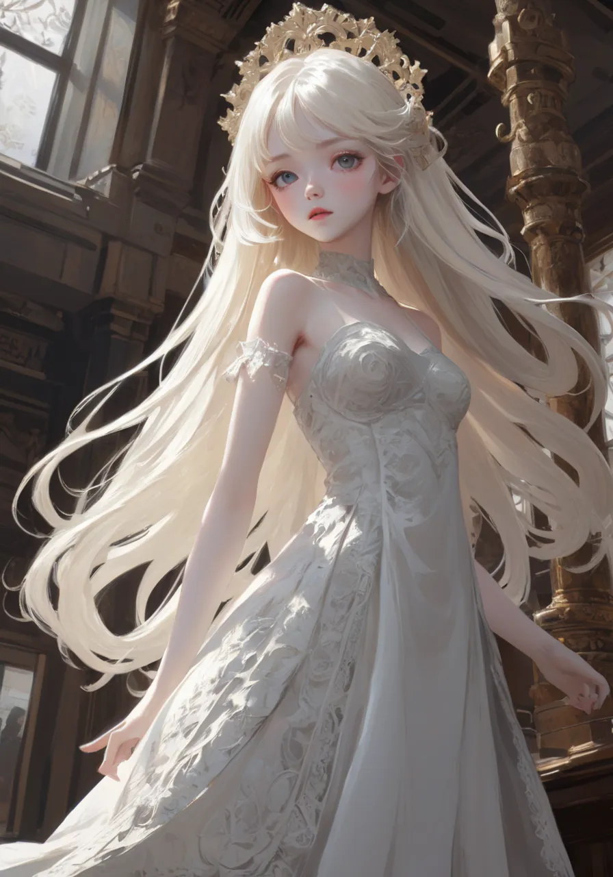 A woman in a white dress and a crown standing in a room - SeaArt AI