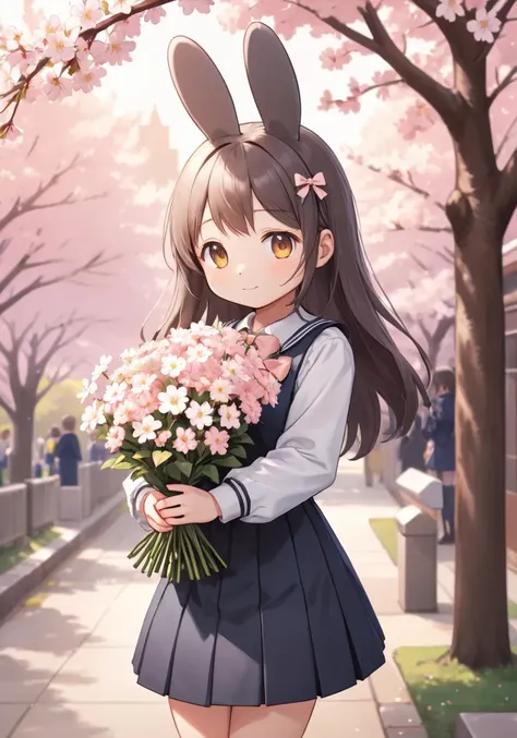 highres,best quality,pov,nsfw,
Illustration of Miffy-chan from the dating sim game with a shy smile, wearing a cute school uniform with a pastel-colored bow, while holding a bouquet of flowers. The background should feature a romantic setting with cherry blossoms in full bloom and a soft, warm sunset