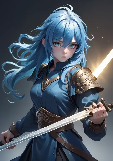 hires,best quality,
A character who has blue hair and has a sword, in the style of realist detail, light navy and bronze, metallic rotation, linear, aurorapunk, monumental ensembles, focus stacking