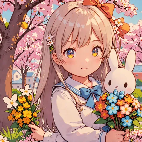 highres,best quality,pov,nsfw,
Illustration of Miffy-chan from the dating sim game with a shy smile, wearing a cute school uniform with a pastel-colored bow, while holding a bouquet of flowers. The background should feature a romantic setting with cherry blossoms in full bloom and a soft, warm sunset