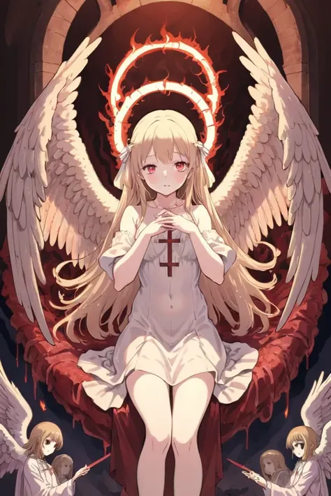 Anime. 1 Girl. Cute girl. Angel. Slave. Blonde. Long hair. Blue eyes. Beautiful eyes. Perfect eyes. Expressive eyes. Ideal face. Snotty nose. 16 years. Big breasts. Beautiful breasts. Pointy ears. She's having her period. Her crotch is bleeding. There is a small red stain of menstrual blood on the panties. Menstrual blood flows down the thighs. Ideal anatomical body. Beautiful long legs. The whole body is covered with scars. Angel wings. White wings. Dirty tunic. Torn tunic. dirty panties. Torn panties. Barefoot. Slave collar. Shackles. Standing. Full height. Fantasy. City. Street. Many people. Beautiful character design. Shiny skin. Full body. nsfw. Scat. Official art. Extremely detailed CG Unity 8k wallpaper. Ideal lighting. Ultra high resolution 4K. Super detailed 8K. A high resolution.