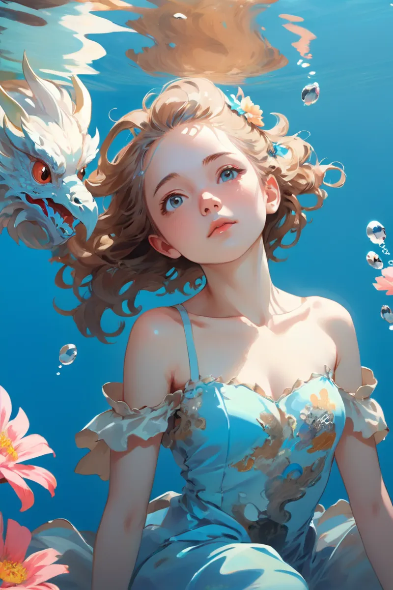 A girl in a blue dress sitting on the ground with flowers - SeaArt AI