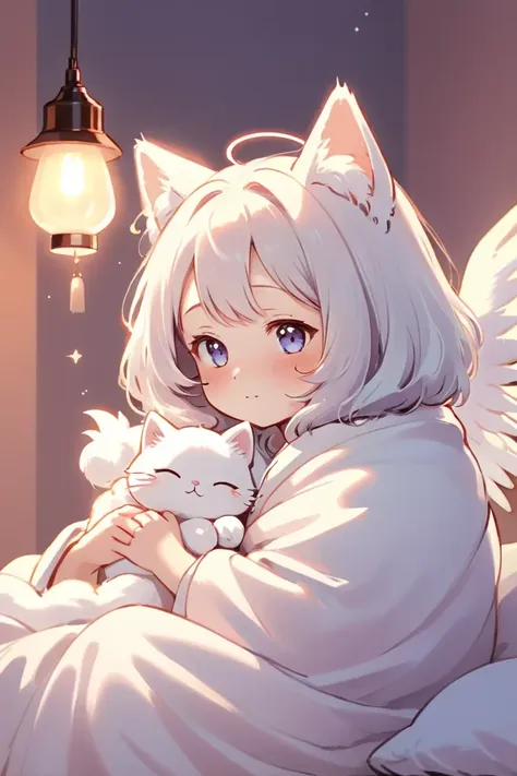 Digital illustration of "Fluffy Angel" created by Omochi Kuina.  A serene expression wrapped in a fluffy blanket exudes comforting warmth, inducing a heartwarming sensation in the viewer with its adorable cat ears.  The dreamy glow of the lamp, intertwined with the tranquility of the fluffy bed, sets a scene of ethereal happiness, like a symphony of blissful slumber