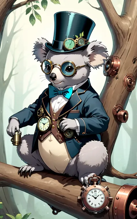 Illustration of a steampunk koala wearing a top hat and goggles, holding a vintage pocket watch while sitting on a gear-shaped tree branch amidst a mechanical forest, with copper and brass accents throughout the image.