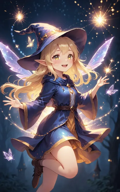 highres,best quality,fullbody,
blonde straight hair sorceress cheerful girl wearing a wizard hat,Little sparkling fairies fly around her, emitting subtle particles of light.
It is a fantastic sight surrounded by light.