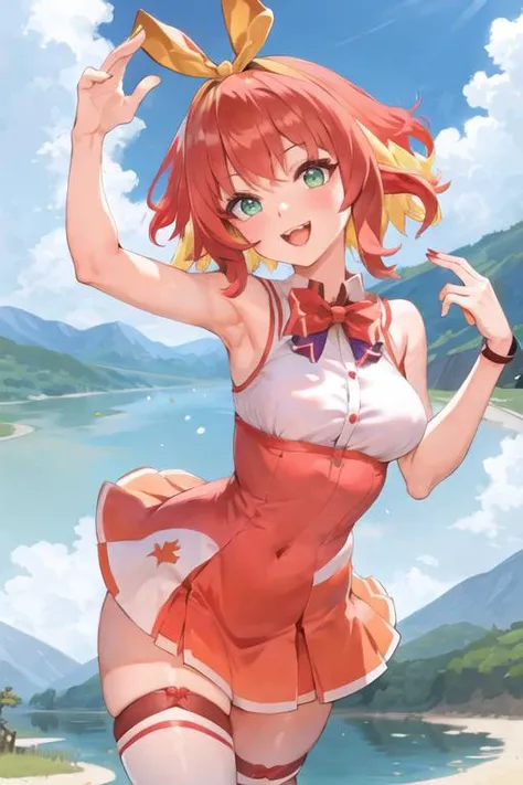 (Cute Smile、Black short bob、Cute orange hair clip)、((Clothed Big Tits、Pure white blouse))、((Light blue flared skirt、The wind blows up her skirt and her underwear is visible、White underwear with cute ribbon))、Bare feet and naked feet、((Sandy beach, sea and blue sky))、((The face is in focus and the background is blurred、Shallow depth of field))、Realistic、Standing posture、((C cup small breasts、Closer valley、Pie Slash))、(A vibrant crimson long coat over a blouse、Spread a long coat with both hands)、(The orange bra is clearly visible under the wet blouse.、Orange underwire bra)、(Black cane、Wooden walking stick、Hold one in your right hand)、(Witch Hat、Bright red hat)