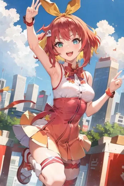 1girl, fumihausu, green eyes, hair bow, red hair, blonde hair, multicolored hair, short hair, hairband, hair ornament, sleeveless, dress, short skirt, bow, (river:1.3), (smile:1.1), looking at viewer <lora:fumi_hausu:0.7>