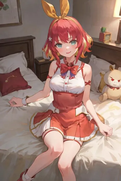 1girl, fumihausu, green eyes, hair bow, red hair, blonde hair, multicolored hair, short hair, hairband, hair ornament, sleeveless, dress, short skirt, bow, (bedroom:1.3), (smile:1.1), looking at viewer <lora:fumi_hausu:0.7>