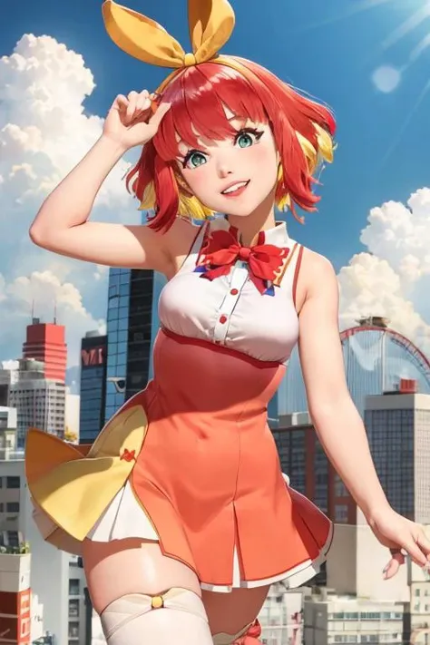 1girl, fumihausu, green eyes, hair bow, red hair, blonde hair, multicolored hair, short hair, hairband, hair ornament, sleeveless, dress, short skirt, bow, (city:1.3), (smile:1.1), looking at viewer <lora:fumi_hausu:0.7>