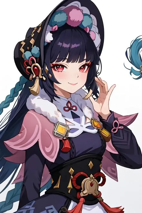 best quality, masterpiece, highres, solo, {yun_jin_genshin:1.15}, bangs, blunt_bangs, long_hair, red_eyes, black_hair, bonnet, smile, capelet, vision_\(genshin_impact\), tassel, pink_capelet, purple_hair, makeup, closed_mouth, 1girl, looking_at_viewer, portrait