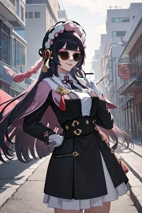 best quality, masterpiece, highres, solo, {black business suit:1.40}, {tie:1.20}, {sunglasses:1.25}, {white gloves:1.15}, {white shirt:1.10}, {black skirt:1.15}, {smoking:1.20}, handsome, {yun_jin_genshin:1.15}, bangs, blunt_bangs, long_hair, red_eyes, black_hair, bonnet, smile, capelet, vision_\(genshin_impact\), tassel, pink_capelet, purple_hair, makeup, closed_mouth