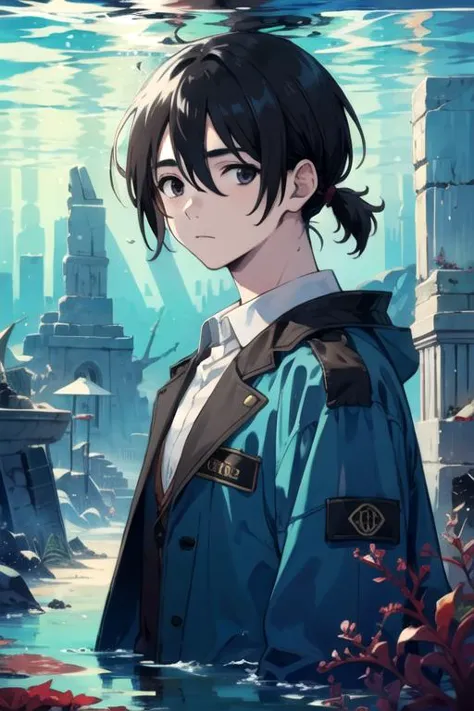 masterpiece, best quality, illustration, 1boy, solo, male focus, looking at viewer, upper body, , ligne claire, , <lora:mio_chibana:0.74>, mio_chibana, black hair, black eyes, low ponytail, coat, , Atlantis: A lost city of great wisdom and power, now drowned beneath the sea,