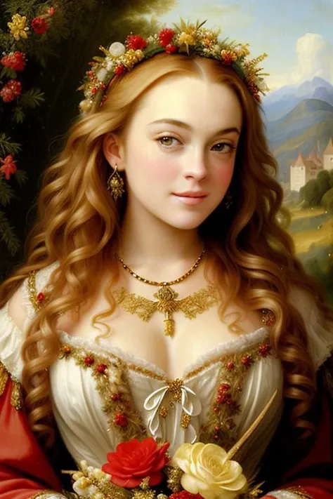 Masterpiece LindsayLohan high quality, beautiful nude in medieval festive attire, classic vintage oil paint picture, style of rubens, epic masterpiece, babe cute exotic young round smile face, blond yellow curly shiny long grand lush hairs voluptuous hairstyle, mess many flowers on background, epic realistic, intricate details, intricate, cinematic, detailed, <lora:lindsayLohan_v10:1>