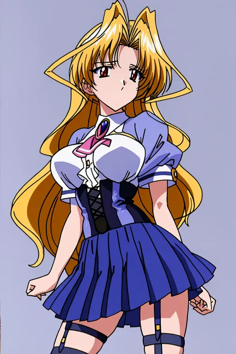 masterpiece, best quality, kuriko, 1girl, blonde hair, long hair, red eyes, brooch, skirt, thighhighs, solo, anime screencap, 1990s \(style\), retro artstyle, standing, contrapposto, simple background <lora:KurikoKazetsubaki:1>