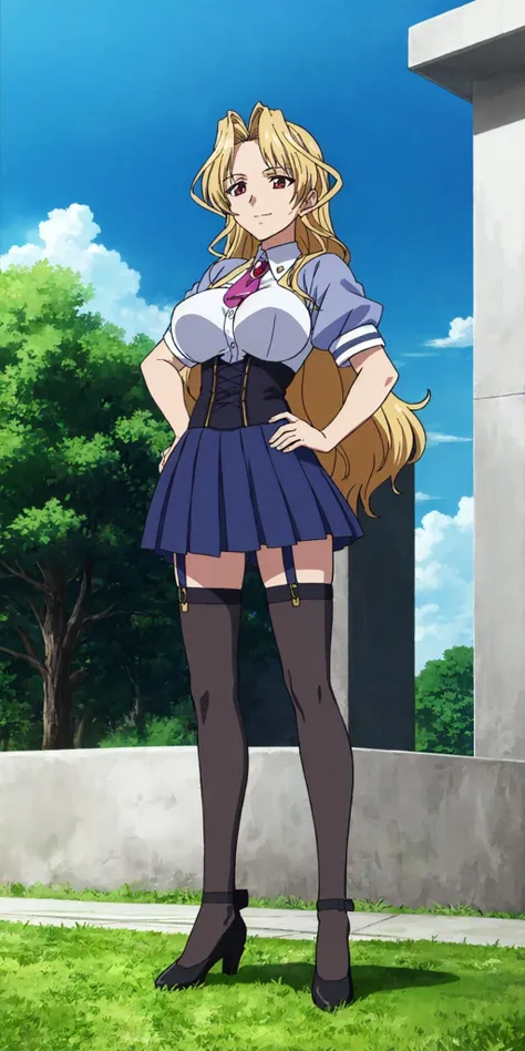 masterpiece, high quality, best quality, 1girl, (muscular female:1.0), (super gigantic breasts:1.0), (closed mouth, half smile), kuriko, kazetsubaki kuriko, blonde hair, long hair, red eyes, brooch, skirt, thighhighs, anime screencap, anime key visual, (fully clothed:1.0), full body <lora:KurikoKazetsubaki:1>