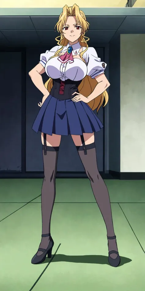 masterpiece, high quality, best quality, 1girl, (muscular female:1.0), (super gigantic breasts:1.0), (closed mouth, half smile), kuriko, kazetsubaki kuriko, blonde hair, long hair, red eyes, brooch, skirt, thighhighs, anime screencap, anime key visual, (fully clothed:1.0), full body <lora:KurikoKazetsubaki:1>