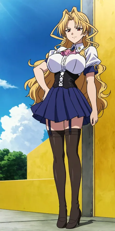 masterpiece, high quality, best quality, 1girl, (muscular female:1.0), (super gigantic breasts:1.0), (closed mouth, half smile), kuriko, kazetsubaki kuriko, blonde hair, long hair, red eyes, brooch, skirt, thighhighs, anime screencap, anime key visual, (fully clothed:1.0), full body <lora:KurikoKazetsubaki:1>
