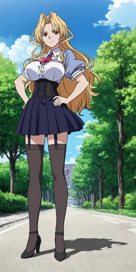 masterpiece, high quality, best quality, 1girl, (muscular female:1.0), (super gigantic breasts:1.0), (closed mouth, half smile), kuriko, kazetsubaki kuriko, blonde hair, long hair, red eyes, brooch, skirt, thighhighs, anime screencap, anime key visual, (fully clothed:1.0), full body <lora:KurikoKazetsubaki:1>