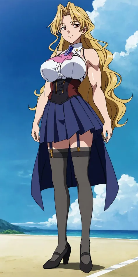 masterpiece, high quality, best quality, 1girl, (muscular female:1.0), (super gigantic breasts:1.0), (closed mouth, half smile), kuriko, kazetsubaki kuriko, blonde hair, long hair, red eyes, brooch, skirt, thighhighs, anime screencap, anime key visual, (fully clothed:1.0), full body <lora:KurikoKazetsubaki:1>