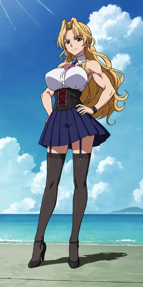masterpiece, high quality, best quality, 1girl, (muscular female:1.0), (super gigantic breasts:1.0), (closed mouth, half smile), kuriko, kazetsubaki kuriko, blonde hair, long hair, red eyes, brooch, skirt, thighhighs, anime screencap, anime key visual, (fully clothed:1.0), full body <lora:KurikoKazetsubaki:1>