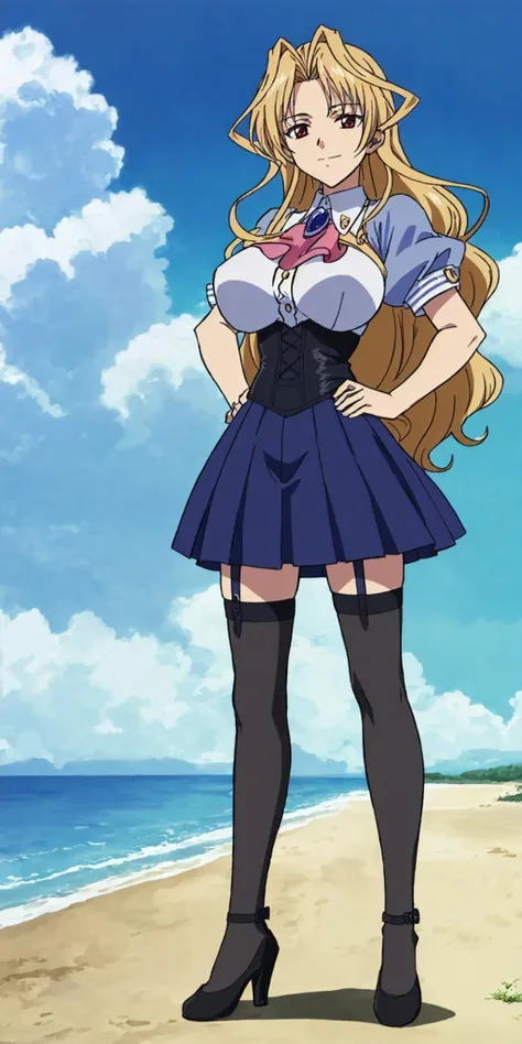 masterpiece, high quality, best quality, 1girl, (muscular female:1.0), (super gigantic breasts:1.0), (closed mouth, half smile), kuriko, kazetsubaki kuriko, blonde hair, long hair, red eyes, brooch, skirt, thighhighs, anime screencap, anime key visual, (fully clothed:1.0), full body <lora:KurikoKazetsubaki:1>