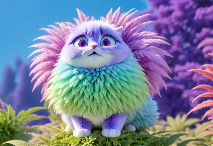 Showcase a cute, fluffy female Yeti with light blue fur and soft purple accents, radiating a calm joy as she stands against a starlit mountain backdrop. Two purple cannabis leaves float peacefully on either side, with the background colors softly transitioning from a twilight lavender to a gentle cyan, framed with soft clouds and twinkling sparkles. Ensure the design exudes a calm, dreamy ambiance that harmonizes the Yeti with her surroundings.
(Yeti presence:1.4), (cannabis leaves:1.2), (mountain details:1.1), (cyan-lavender gradient:0.9), (sparkles:1.0)
Dsk_OutrunXL, (High Resolution), (More Details), (8K), (High Resolution), SK_Ghibli, negativeXL_D