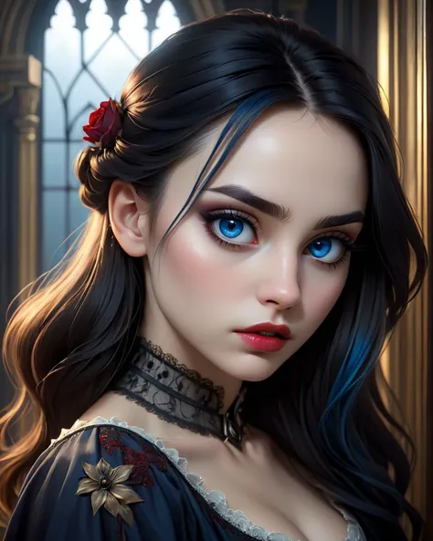 1Female, Gothic, Horror, Darkness, Moody, Depression, sadness, evil, blood, undead, midnight, macabre, eerie., Create a portrait of upper body of a beautiful woman with a serene expression. She has large, almond-shaped eyes that are a deep, mesmerizing blue, framed by long, perfect eyelashes. Perfect eyes, highly detailed beautiful expressive eyes, detailed eyes. Her eyebrows are perfectly arched and delicate, adding grace to her gaze. Her skin is flawless, with a soft, natural glow, Her lips are full and slightly parted, revealing a hint of a gentle smile, with a natural rosy hue. Her nose is small and perfectly proportioned to her face. The overall mood is one of calm and introspective beauty. The art style should be hyper-realistic, capturing every minute detail, with a soft, diffused lighting that highlights the texture of her skin and the depth of her expression, reminiscent of classical portrait paintings but with a modern, cyberpunk twist. Photorealistic, Natural atmospheric lighting, intricate details, 35mm photograph, film, professional, 4k visuals, highly detailed, elegant, studio quality.