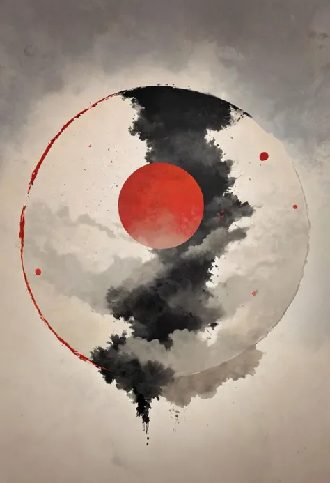 Zen paint brush circle, A detailed illustration muted chinese ink painting, muted colors, strong rice paper texture, splash paint, stains, imperfections, torn, halo ai, one human, one red sun. Space. Clouds wet to wet techniques. vibrant vector. using Cinema 4D, ukiyo-e style, brush art, (margins:1.8)