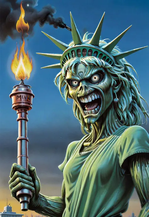 masterpiece, top quality, best quality, highest quality, highest detailed, Simon Stlenhag Style, hmvi style, close up, Ink art of a monster, dressed as the Statue of Liberty, holding up a torch, iron maiden poster 1988, full-color illustration, an airbrush painting,(torch:1)