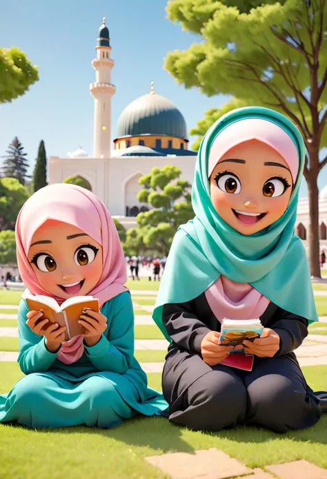 2 beautiful women wearing hijabs and 2 young men wearing bake/songkok/kopiah sitting next to each other in a park with the background of the Masjidilaqsa mosque, 3D, CGI, cartoon, anime, bokeh, wide angle, taking a photo with all their faces laughing happily, all eyes facing front