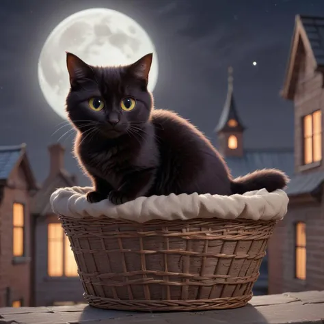 black cat in a basket, purring, night, rooftop, moonlight