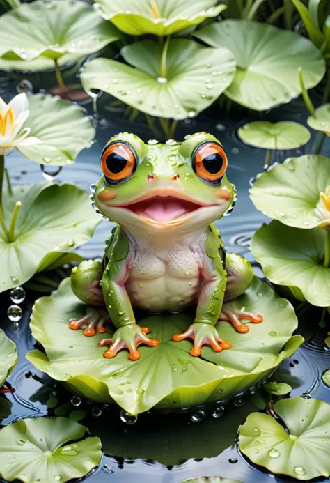 ((masterpiece)),((best quality)), 8k, high detailed, ultra-detailed, A charming and adorable frog with big, expressive eyes, perched on a lily pad in a serene pond, surrounded by water droplets and lush greenery, capturing the whimsical beauty of nature. Charming frog, big expressive eyes, lily pad, serene pond, water droplets, lush greenery