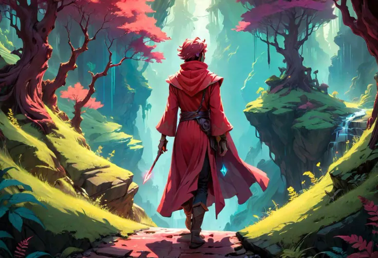 (masterpiece, best quality, absurdres, 4k, aesthetic, detailed, intricate), a man standing in the middle of a forest, concept art, inspired by Cyril Rolando, portrait of a red sorcerer, hyper light drifter color pallet, girl walking in a canyon, retro psychedelic illustration, flat colors and strokes, fantasy sticker illustration, wizard casting a spell, lowres, painterly illustration