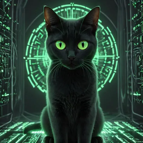 (feral cat in cyber space, matrix, zeroes and ones, numbers in the background, greenish, neon), elegant, highly detailed, sharp focus, beautiful light, clear, aesthetic, very inspirational, bright color, intricate, appealing, rich deep colors, open background, symmetry, enhanced, vibrant, inspired, amazing, epic, cinematic, winning, illuminated, excellent composition, professional, dramatic ambient, full composed, extremely creative