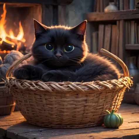 black cat in a basket, sleeping, night, peaceful, magical workshop, cauldron, potions, fireplace, comic style,