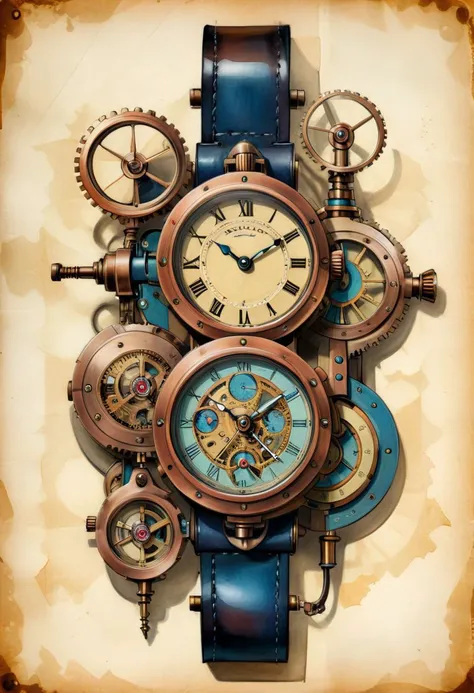 patent style drawing of steam women's watches in ink on an old paper, old fashioned (steampunk:1.2) ,background ,cubism,picasso,futuristic
