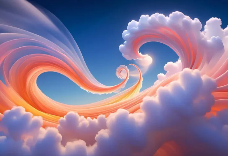Imagine a scene where the essence of wind is depicted as a celestial symphony of swirling currents and ethereal forms. The air is alive with a dance of transparent and luminescent patterns, {glowing|radiant|shimmering|translucent|effervescent:3}, weaving through a sky painted in {vivid hues|brilliant colors|dynamic shades:2}. Clouds, {wispy|billowing|cotton-like|delicate:3}, are carried effortlessly by the wind, their shapes ever-changing, forming {fantastical creatures|mythical beasts|abstract forms|majestic beings:2} that seem to tell stories of ancient times.