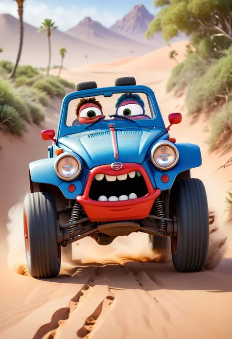 Disney Pixar Cars,(a very cute dune buggy,car, with eyes instead of headlights, sticks out her tongue, funny, iconic, hilarious moment,).,This should be a ((masterpiece)) with a ((best_quality)) in ultra-high resolution, both ((4K)) and ((8K)), incorporating ((HDR)) for vividness. It uses a ((Kodak Portra 400)) lens for timeless, professional quality. Emphasizes a ((blurred background)) with a touch of ((bokeh)) and ((lens flare)) for an artistic effect. Enhance ((vibrant colors)) for a vivid look. Make sure the photograph is ((ultra-detailed)) and shows ((absurd)) details. Pay special attention to capturing the ((beautiful face or head)) of the subject. The goal is to create a ((professional photograph)) that is visually stunning and technically excellent.
