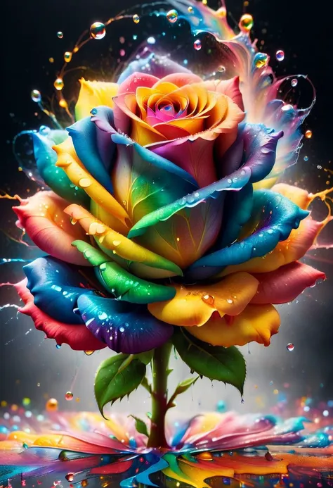 The appearance of colorful and colorful rose. The background shows rainbow-colored powder spreading like an explosion. Water droplets moistening the rose flower. It is so ridiculous that it is hard to distinguish the front, close-up photography, Ultra-detailed, ultra-realistic, full body shot,