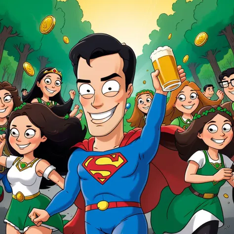 cartoon character, ((Superman, male superhero, in focus)), smile, dancing, cheering, food, beer, gold coins, decorative lights, ((surrounded by ancient Celtic druid girls)), outdoors, Saint Patrick's day, celebration, ((looking at viewer)), masterpiece, best quality, highly detailed, cartoon, ((flat color)), cinematography