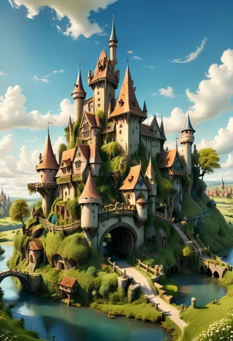 200 year old medieval magical castle, with turrets, outposts, drawbridge, surrounded by canals, otherworldly background, hobbit style, meadow, unrivaled beauty, stylized, intricate, detailed, artistic, text-based, concept art, trending illustration on artstation, 3D cartoon style