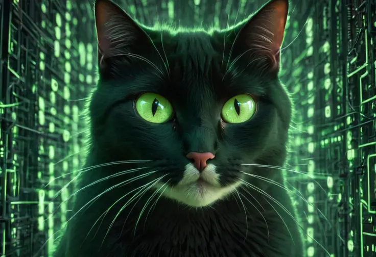 (feral cat in cyber space, matrix, zeroes and ones, numbers in the background, greenish, neon), elegant, highly detailed, sharp focus, beautiful light, clear, aesthetic, very inspirational, bright color, intricate, appealing, rich deep colors, open background, symmetry, enhanced, vibrant, inspired, amazing, epic, cinematic, winning, illuminated, excellent composition, professional, dramatic ambient, full composed, extremely creative